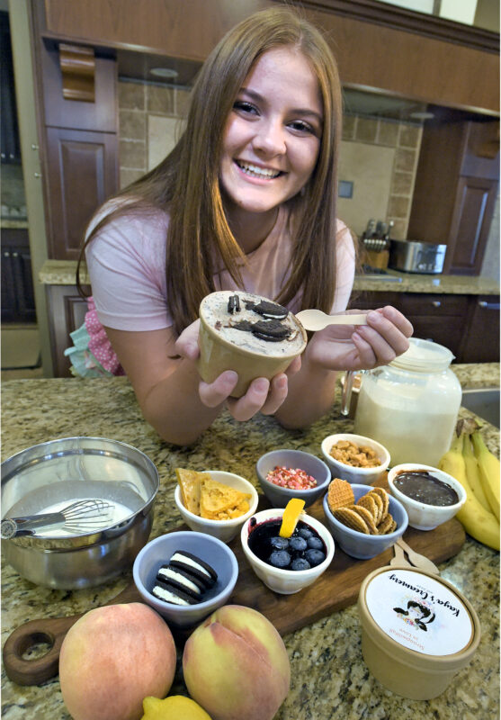 Kaya Novack, 13, displays the fresh ingredients of Kaya's Creamery at her home in Saugus, 081722.