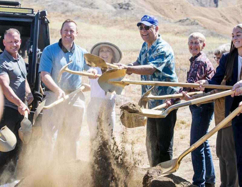 City of Santa Clarita Council members and local dignitaries toss up dirt during the Haskell Bike Park groundbreaking event on Tuesday, July 1, 2025. Habeba Mostafa/ The Signal